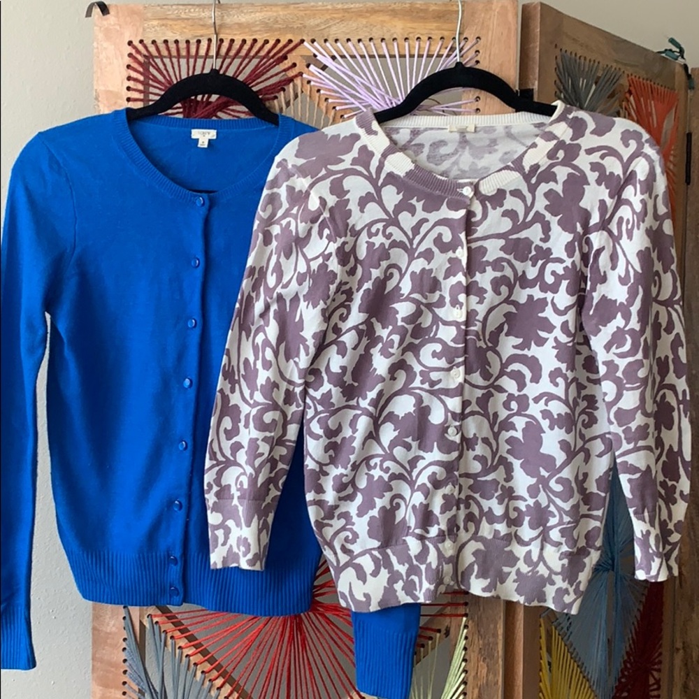 Two J.Crew cardigans! Bright blue & paisley purple